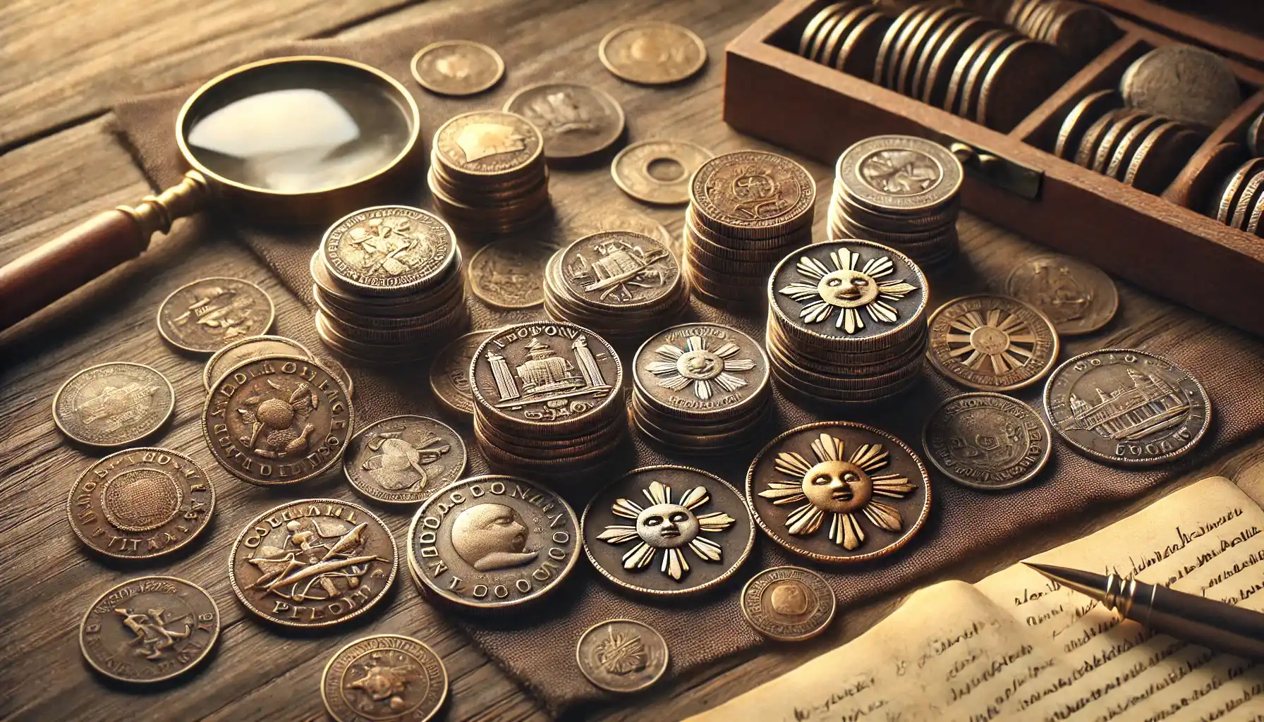 A collection of antique Filipino coins is displayed on a wooden table. 