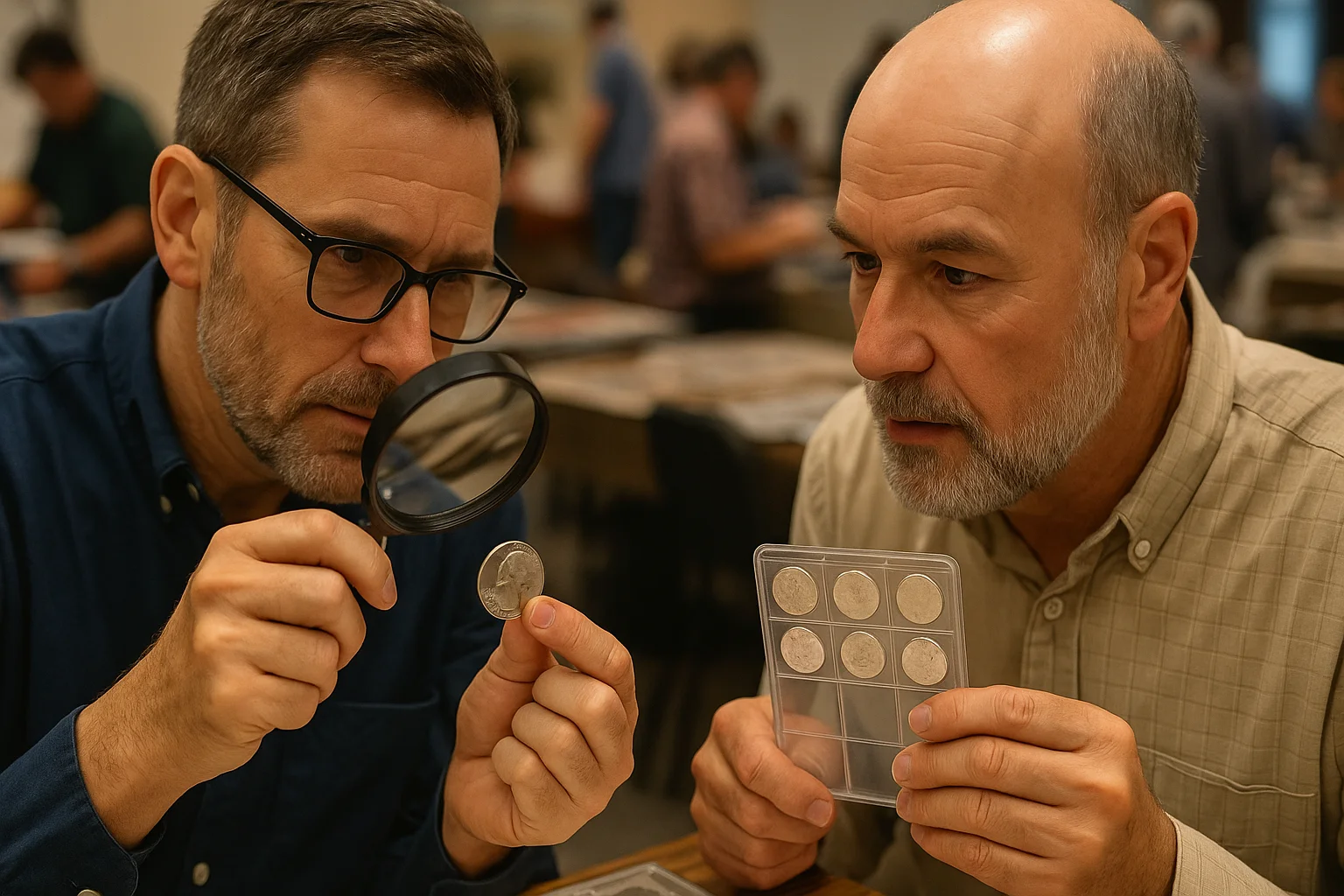 Two collectors at a coin fair carefully examine a 1966 quarter through a magnifying glass while discussing similar coins displayed in plastic holders.