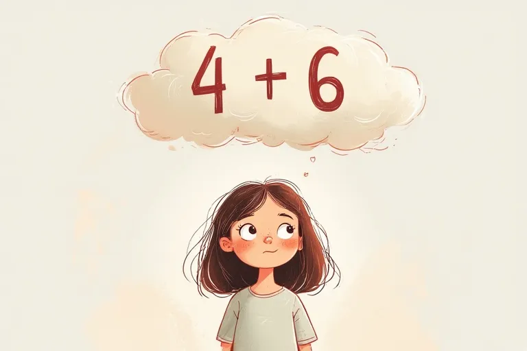 A girl with a thoughtful face, and above her is a cloud in which 4 + 6 is written