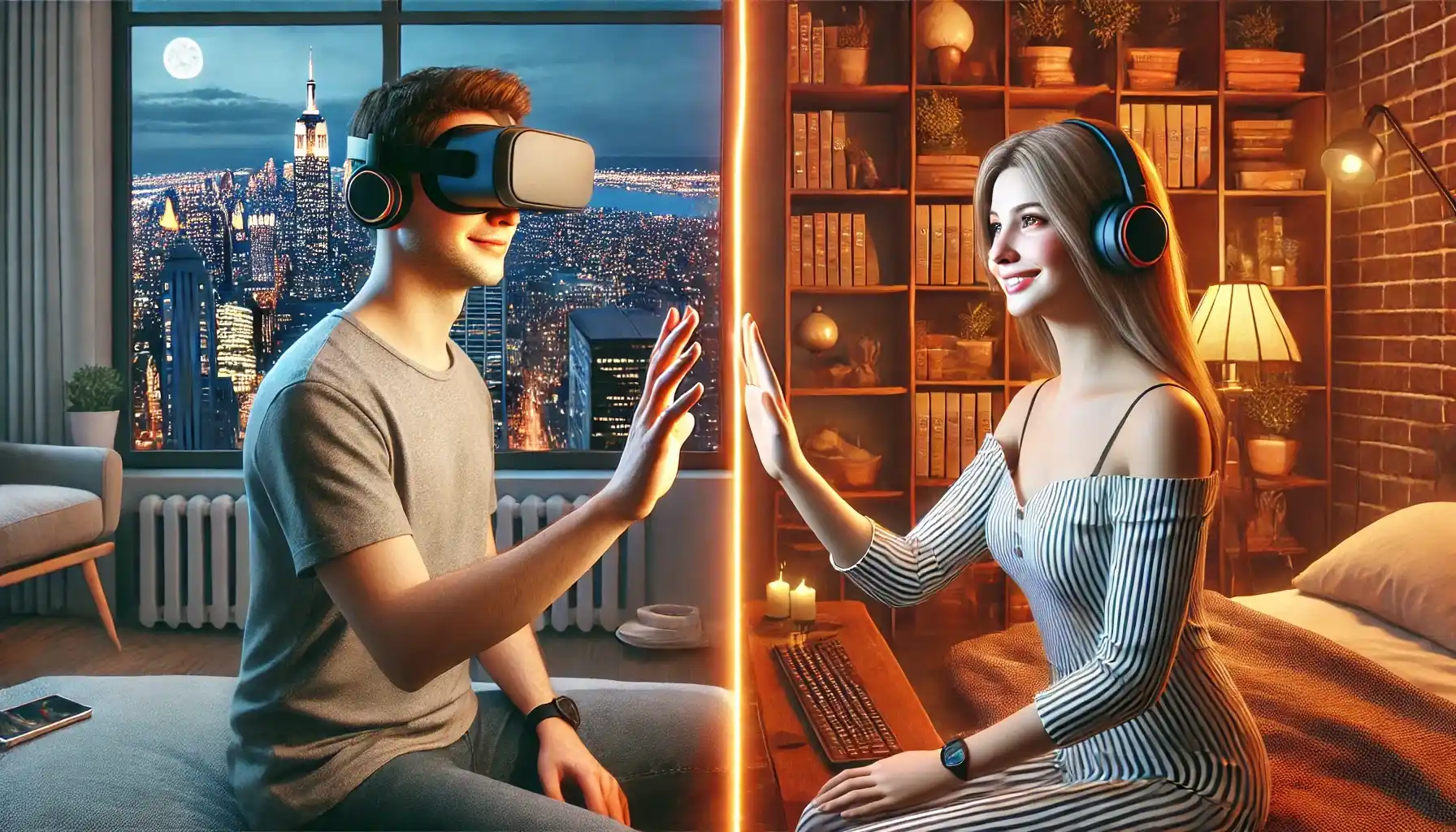 A young couple is on a virtual reality date, each in separate locations.