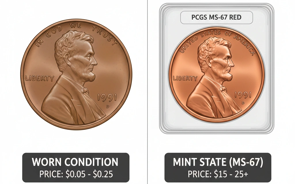 A side-by-side comparison of a worn 1991 D penny and a mint state 1991 D Lincoln penny in a protective slab