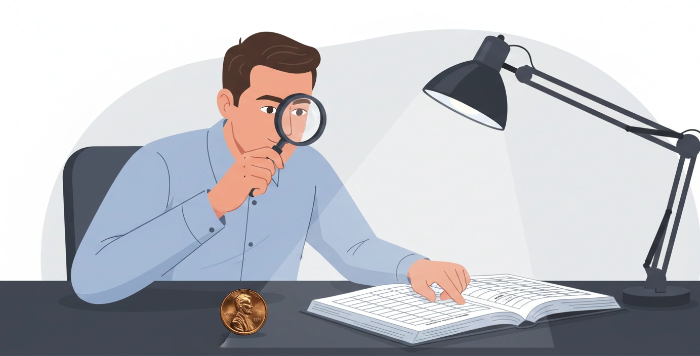 A coin dealer examining a high-grade 1991 D Lincoln penny under a bright grading lamp